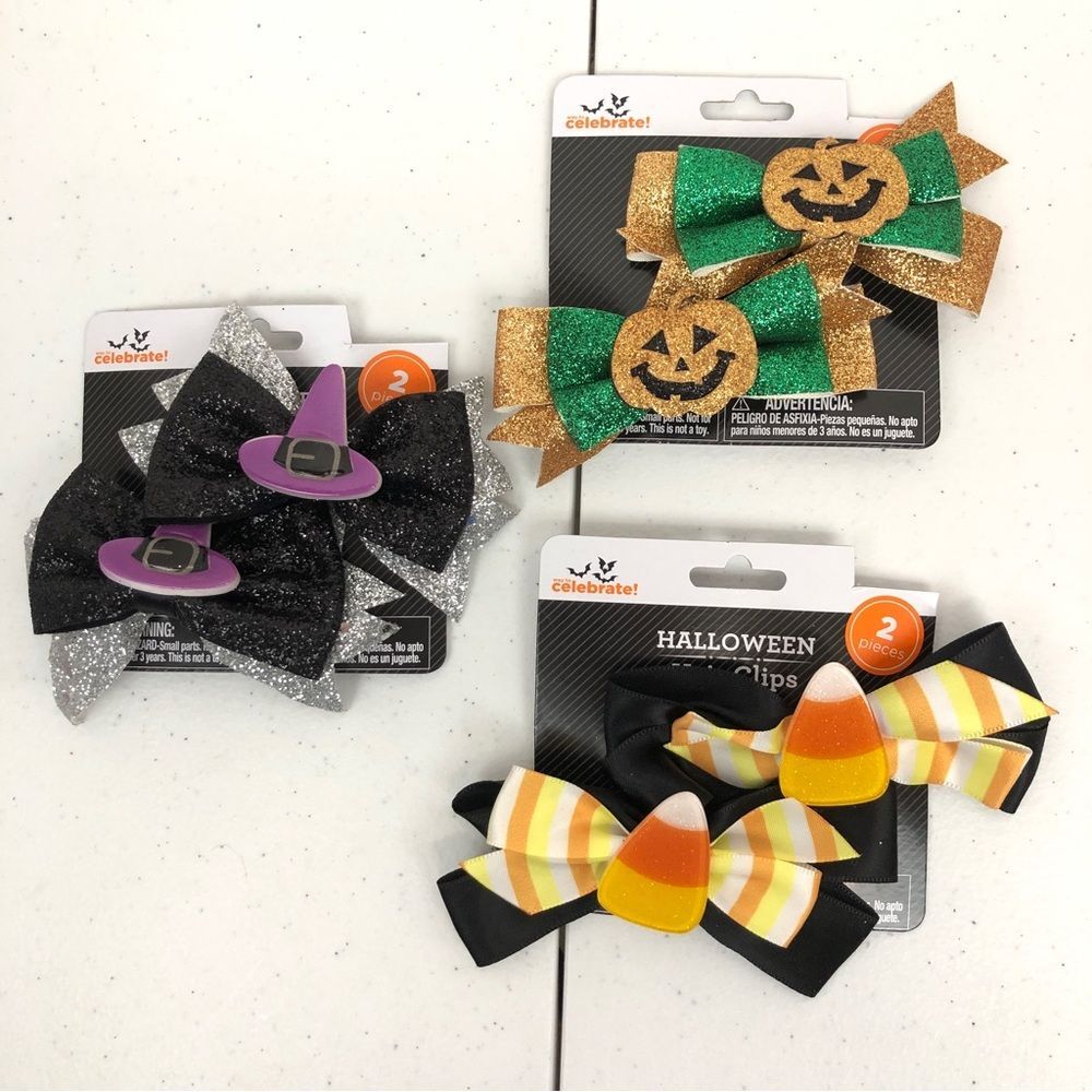 Celebrate Three Sets Girls Halloween Hair Clips Witch Pumpkins Candy Corn New